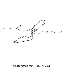 Vector continuous one single line drawing of trowel tool in silhouette on a white background. Linear stylized.