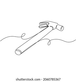 Vector continuous one single line drawing of hammer tool in silhouette on a white background. Linear stylized.