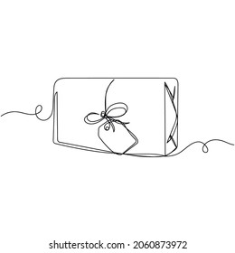 Vector continuous one single line drawing of  parcel wrapped present gift box in silhouette on a white background. Linear stylized.