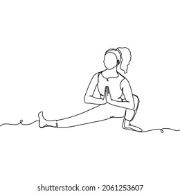 Vector continuous one single line drawing of attractive woman in sports yoga performs gymnastic with namaste in silhouette on a white background. Linear stylized.