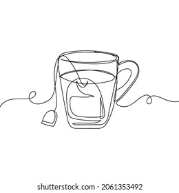 Vector continuous one single line drawing of cup of tea drink concept in silhouette on a white background. Linear stylized.