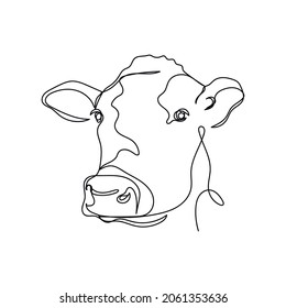 Vector continuous one single line drawing of cow logo milk farm concept in silhouette on a white background. Linear stylized.