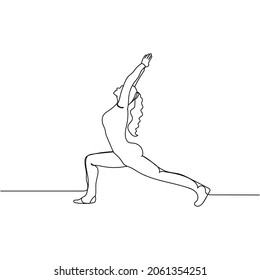 Vector continuous one single line drawing of attractive woman in sports yoga performs gymnastic warrior pose in silhouette on a white background. Linear stylized.