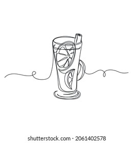 Vector continuous one single line drawing of hot christmas winter tea drink in silhouette on a white background. Linear stylized.