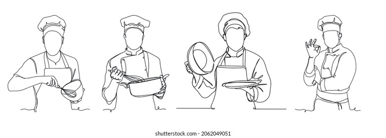 Vector continuous one single line drawing of set vector of cook chef men cooking concept in silhouette on a white background. Linear stylized.