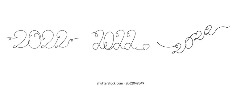 Vector continuous one single line drawing of set vector of 2022 is the number of the and New Year. in silhouette on a white background. Linear stylized.