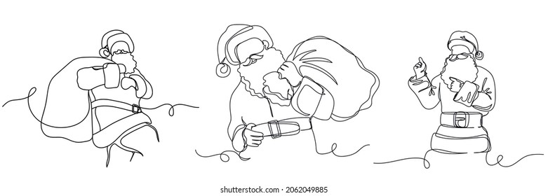 Vector continuo un icono de dibujo de una sola línea de conjunto vector de la Navidad de Santa Claus año nuevo en silueta sobre un fondo blanco. Linear estilizado.