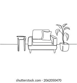 Vector continuo de un solo plano de sillón en el interior de la habitación en silueta sobre un fondo blanco. Linear estilizado.
