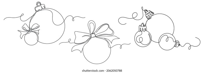 Vector continuous one single line drawing icon of set vector of christmas ball decoration new year in silhouette on a white background. Linear stylized.