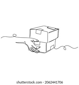 Vector continuous one single line drawing icon of entrepreneur holding boxes preparing to pack or gift box in silhouette on a white background. Linear stylized.