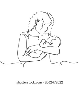 Vector continuous one single line drawing icon of mother and her newborn mothers day concept in silhouette on a white background. Linear stylized.