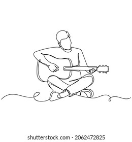 Vector continuous one single line drawing icon of man playing guitar in silhouette on a white background. Linear stylized.