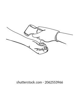 Vector continuous one single line drawing icon of doctor measures the temperature of the hand remotely a smartphone in silhouette on a white background. Linear stylized.