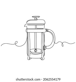 Vector continuous one single line drawing icon of press coffee maker in shiny copper finish in silhouette on a white background. Linear stylized.