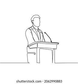 Vector continuous one single line drawing icon of man on a podium giving a speech in silhouette on a white background. Linear stylized.