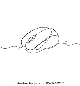 Vector continuous one single line drawing icon of computer mouse in silhouette on a white background. Linear stylized.