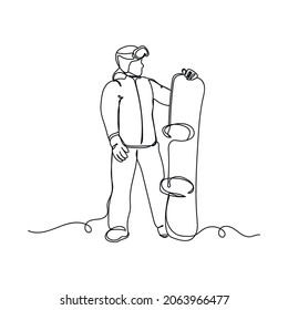 Vector continuous one single line drawing icon of human with snowboarding extreme sport concept in silhouette on a white background. Linear stylized.