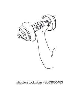 Vector continuous one single line drawing icon of man exercises with dumbbells in silhouette on a white background. Linear stylized.