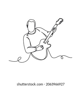 Vector continuous one single line drawing icon of man playing an electric guitar in silhouette on a white background. Linear stylized.