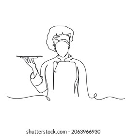 Vector continuous one single line drawing icon of chef showing empty plate cooking concept in silhouette on a white background. Linear stylized.