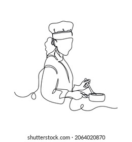 Vector continuous one single line drawing icon of woman chef cook in silhouette on a white background. Linear stylized.