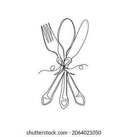 Vector continuous one single line drawing icon of fork and spoon knife in silhouette on a white background. Linear stylized.