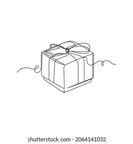 Vector continuous one single line drawing icon of gift box with ribbon in silhouette on a white background. Linear stylized.