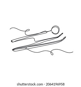 Vector Continuous One Single Line Drawing Icon Of Dental Instruments In Silhouette On A White Background. Linear Stylized.