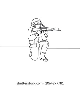 Vector continuous one single line drawing icon of soldier in silhouette on a white background. Linear stylized.