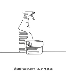 Vector continuous one single line drawing icon of sanitary household cleaning items in silhouette on a white background. Linear stylized.