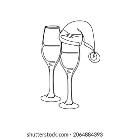 Vector continuous one single line drawing icon of glasses of champagne in santas hat christmas in silhouette on a white background. Linear stylized.