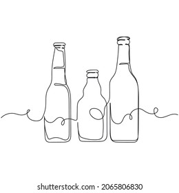 Vector continuo un icono de dibujo de una sola línea de botellas de diferentes cervezas en silueta sobre un fondo blanco. Linear estilizado.