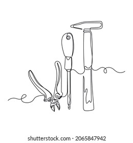 Vector continuous one single line drawing icon of construction tools in silhouette on a white background. Linear stylized.