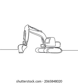Vector continuous one single line drawing icon of excavator in silhouette on a white background. Linear stylized.