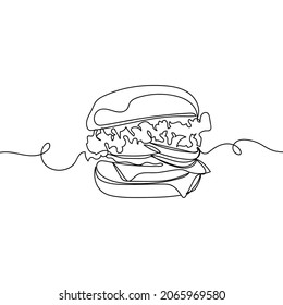 Vector continuous one single line drawing icon of burger fast food in silhouette on a white background. Linear stylized.