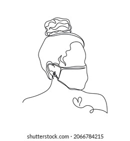 Vector continuous one single line drawing icon of portrait woman girl wearing medical mask in silhouette on a white background. Linear stylized.