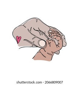 Vector continuous one single line drawing icon of love concept family hands mom holds baby in silhouette on a white background. Linear stylized.