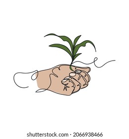 Vector continuous one single line drawing icon of hand hold young plant maize in silhouette on a white background. Linear stylized.