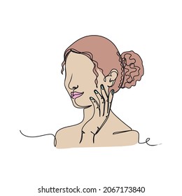 Vector continuous one single line drawing icon of woman girl beautiful pretty face in silhouette on a white background. Linear stylized.