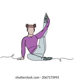 Vector continuous one single line drawing icon of athletic fitness girl gymnastic exercises in silhouette on a white background. Linear stylized.