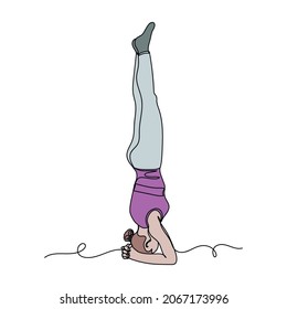 Vector continuous one single line drawing icon of athletic girl gymnastic exercises in silhouette on a white background. Linear stylized.