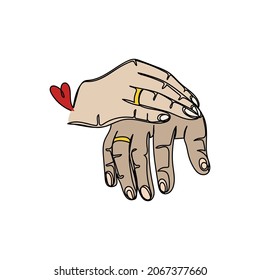 Vector continuous one single line drawing icon of delicate woman and man hands with rings in silhouette on a white background. Linear stylized.