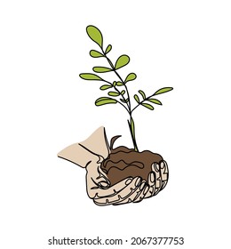 Vector continuous one single line drawing icon of hands holding young planting in silhouette on a white background. Linear stylized.