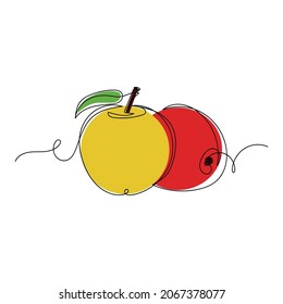 Vector continuous one single line drawing icon of apples with leaf organic fruit in silhouette on a white background. Linear stylized.