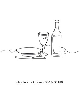 Vector continuous one single line drawing icon of modern sitting table serving with bottle christmas style in silhouette on a white background. Linear stylized.