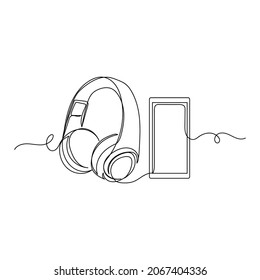 Vector continuous one single line drawing icon of modern headphones mobile phone in silhouette on a white background. Linear stylized.
