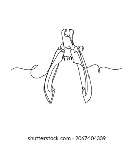 Vector continuous one single line drawing icon of nail clipper for pet in silhouette on a white background. Linear stylized.