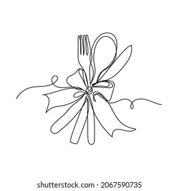 Vector continuous one single line drawing icon of table setting with cutlery in silhouette on a white background. Linear stylized.