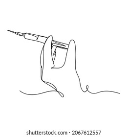 Vector continuous one single line drawing icon of vaccine doctor or nurse hands in silhouette on a white background. Linear stylized.