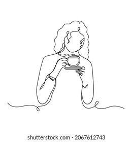 Vector continuous one single line drawing icon of beautiful abstract woman drink hot tea or coffee in silhouette on a white background. Linear stylized.